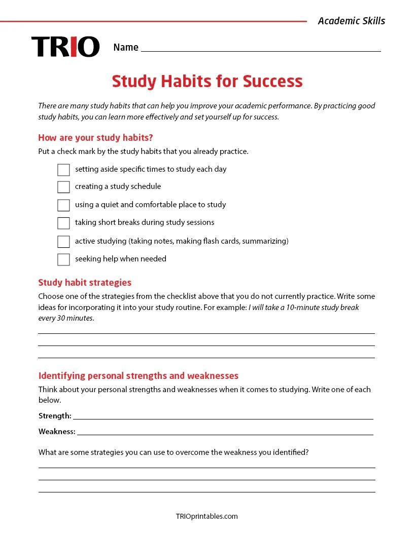 Study habits for success activity sheet