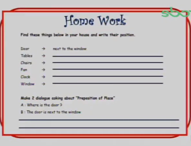 Make 2 dialogue asking about Preposition of Place Soal SBO