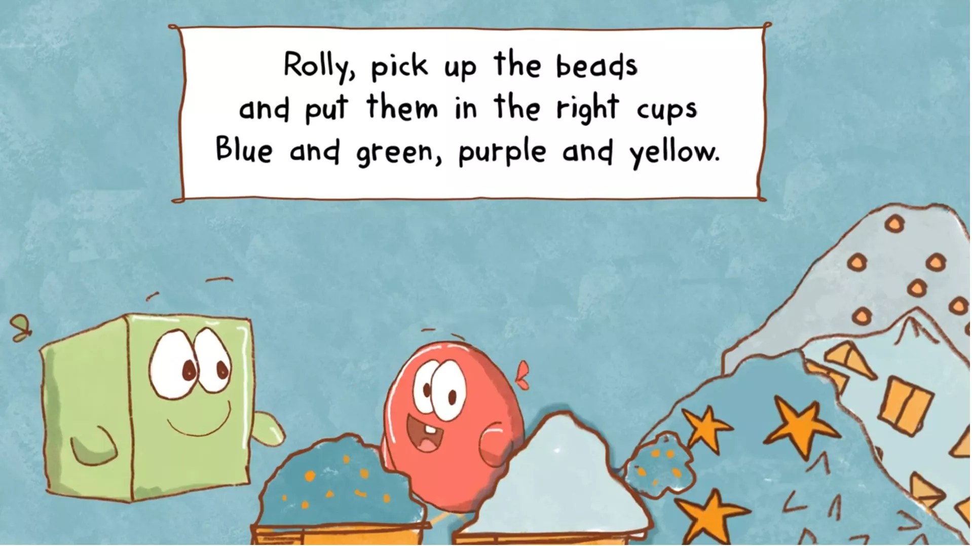 Blue, Green, Purple and Yellow colours match animation