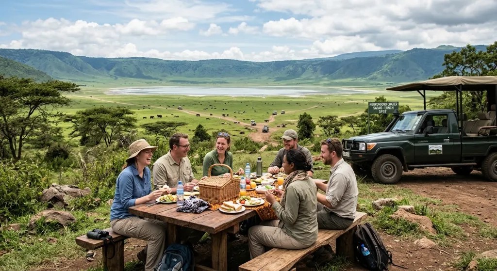 Our safari group sharing an outdoor meal overlooking green hills