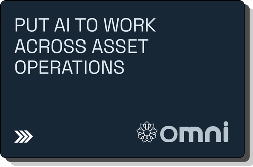 Dark blue slide with the headline 'PUT AI TO WORK ACROSS ASSET OPERATIONS'; Omni logo at bottom right and a small chevron icon at bottom left.