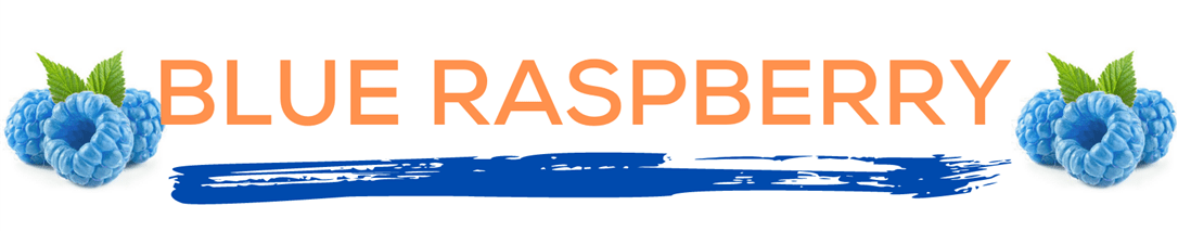 The words blue raspberry in orange over a blue paint line with blue raspberries on either side. This page displays flavor combinations made with Tropical Sno Peoria's bright blue raspberry flavor.