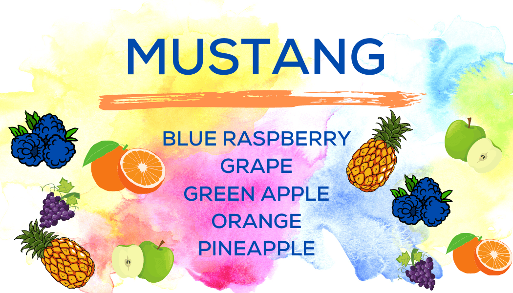 Shaved Ice Flavors-Tropical Sno Peoria- MUSTANG- tart blue raspberry, juicy grape, bright green apple, juicy orange, fresh pineapple