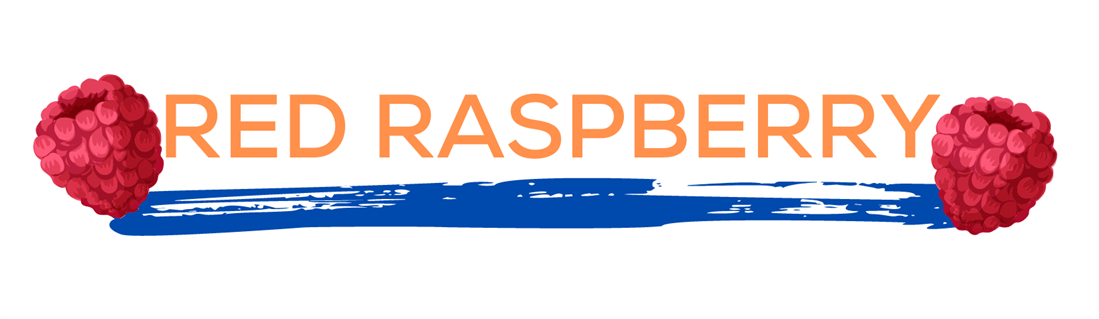 The word red raspberry over a blue paint line with red raspberry on either side red raspberry flavor.