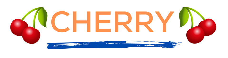 The words cherry in orange over a blue paint line with cherries on either side. This page displays flavor combinations made with Tropical Sno Peoria's cheerful cherry flavor.