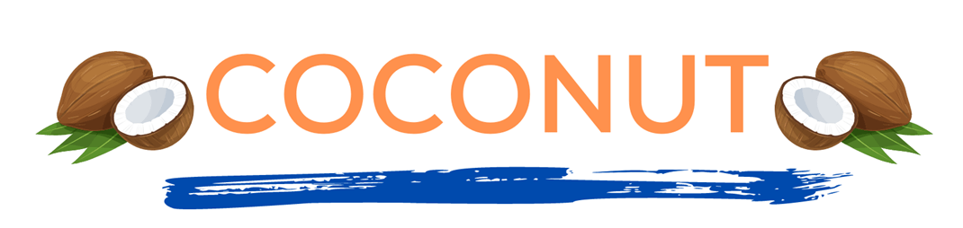 The word coconut in orange over a blue paint line with coconut on either side. This page displays flavor combinations made with Tropical Sno Peoria's creamy coconut flavor.