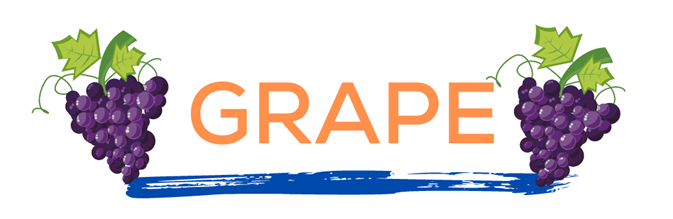 The word grape in orange over a blue paint line with grapes on either side. This page displays flavor combinations made with Tropical Sno Peoria's juicy grape flavor.