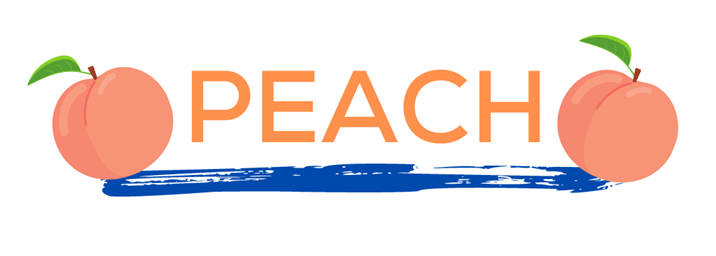 The word peach over a blue paint line with peaches on either side peach flavor.