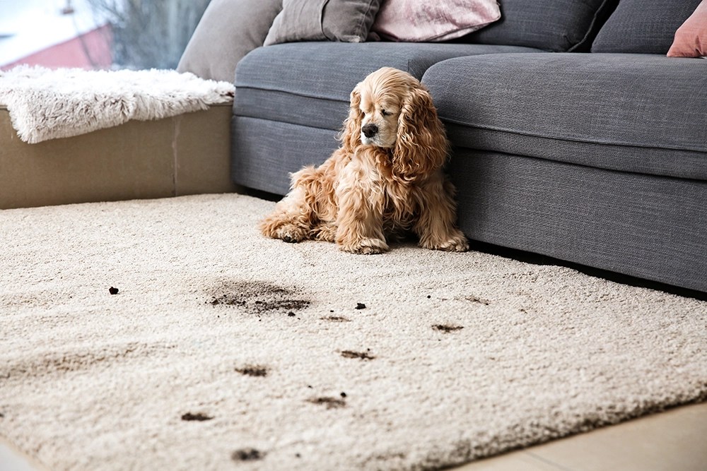 A golden cocker spaniel sitting next to a carpet stained with multiple pet accidents, demonstrating the need for professional carpet cleaning services.