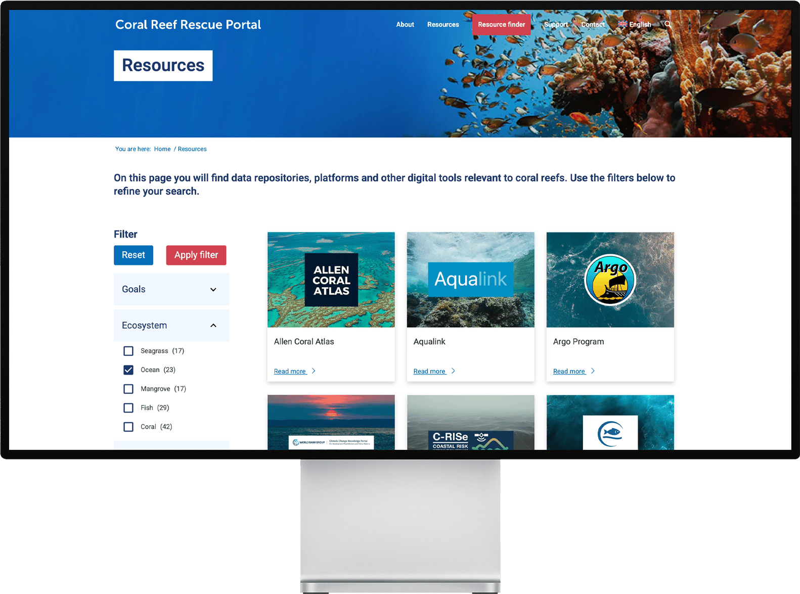 Coral Reef Rescue Portal on a desktop screen