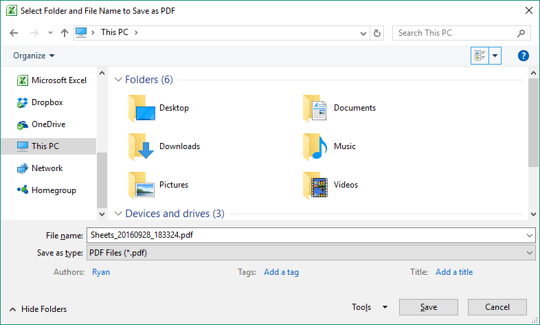 Convert excel to pdf using vba