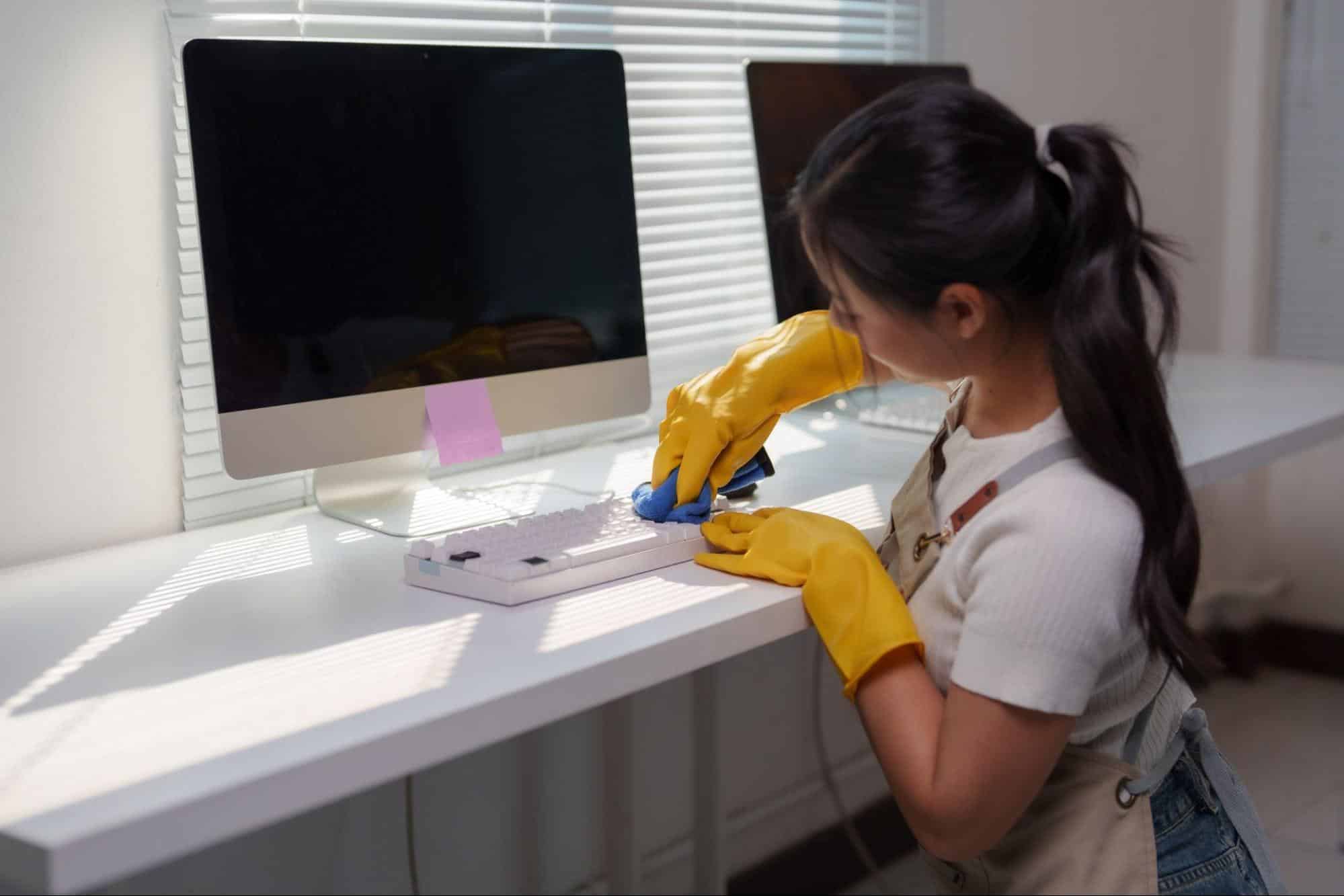 Professional cleaner wiping a computer keyboard during commercial office cleaning.
