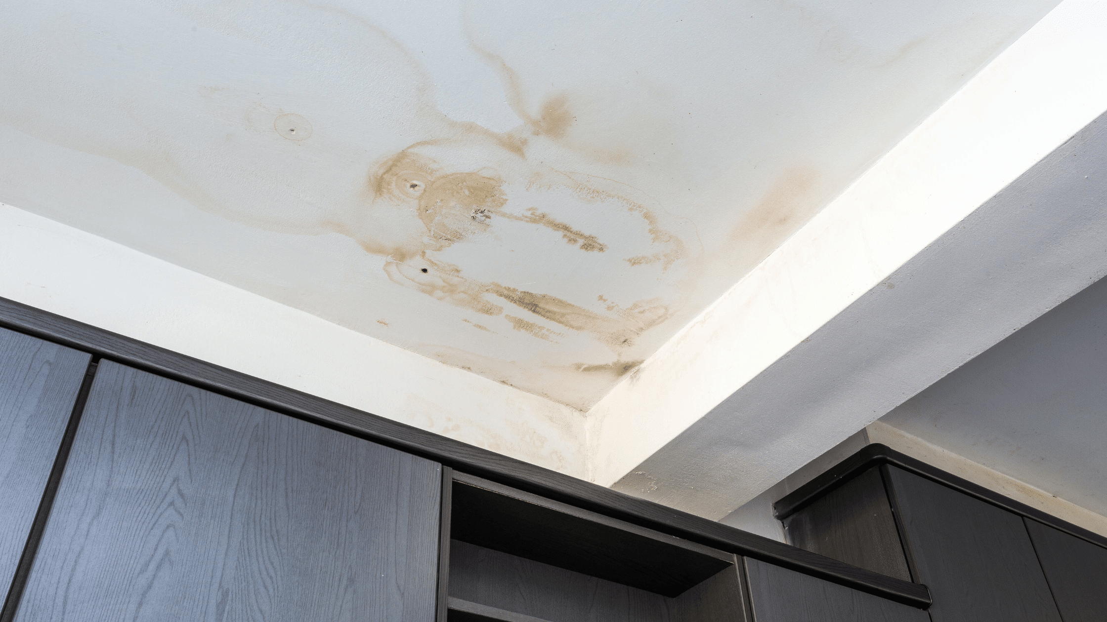 Brown water stains and moisture damage spreading across a white ceiling above dark kitchen cabinets, showing signs of hidden drainage issues.