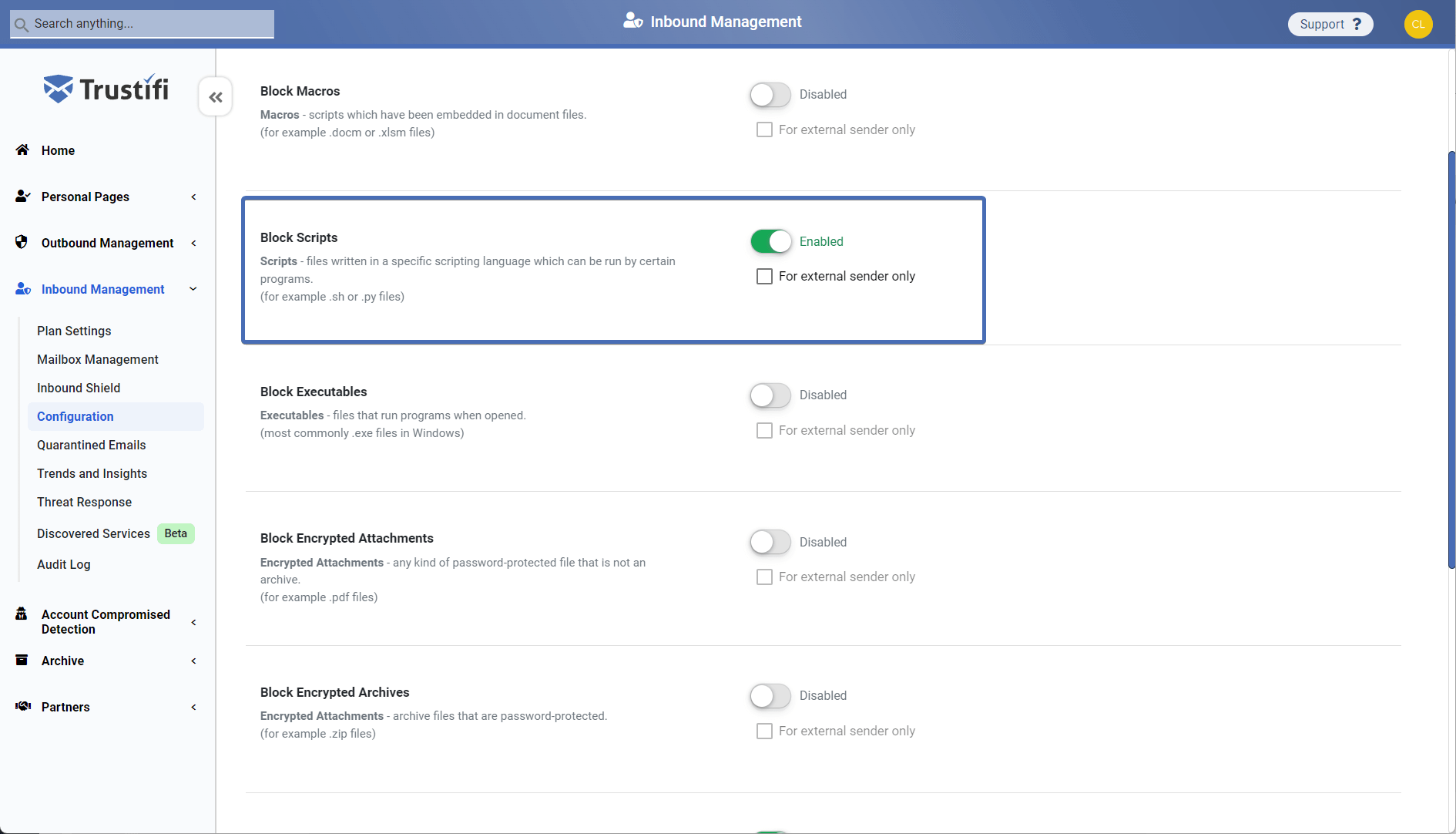 Block File Types Trustifi