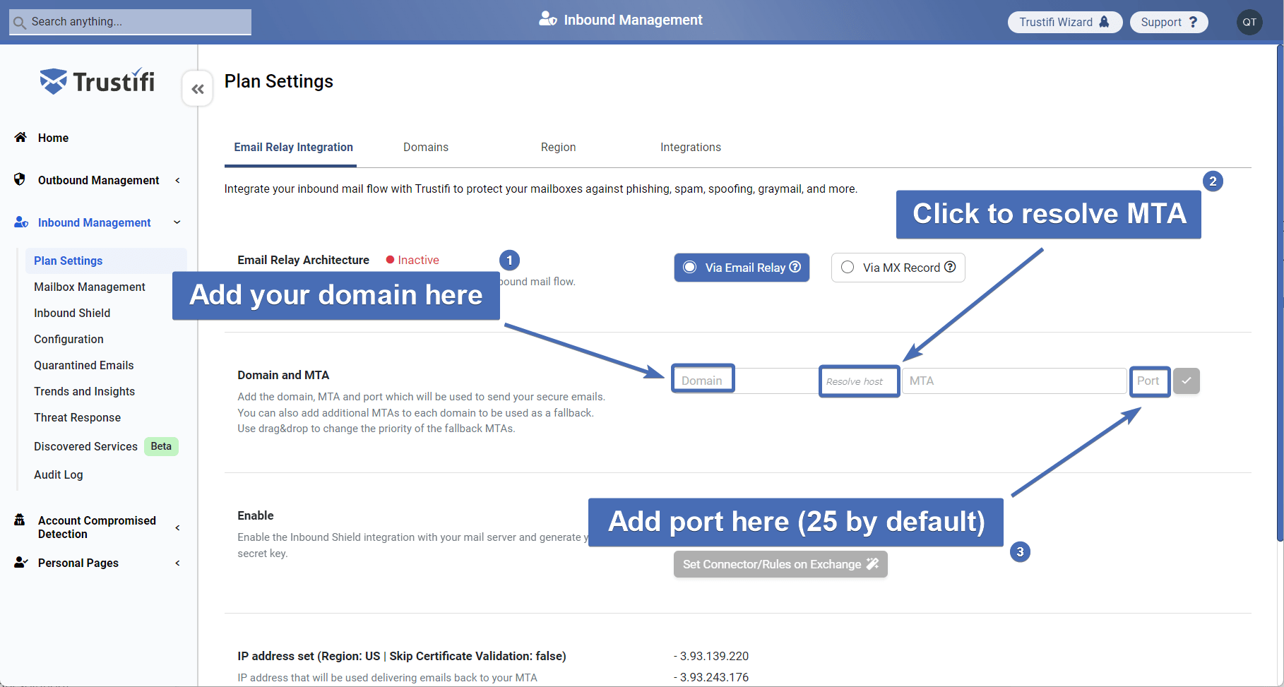 Configuration for Inbound-Shield Email Relay Integration | Trustifi