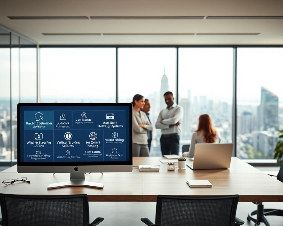 A modern office space with a sleek, minimalist design. In the foreground, a computer screen displays various industry-specific recruitment solutions, including job boards, applicant tracking systems, and virtual hiring platforms. The middle ground features a team of diverse professionals collaborating on recruitment strategies, their faces obscured for privacy. The background showcases a panoramic view of a bustling city skyline, conveying a sense of energy and opportunity. The scene is illuminated by soft, natural lighting, creating a professional and aspirational atmosphere.