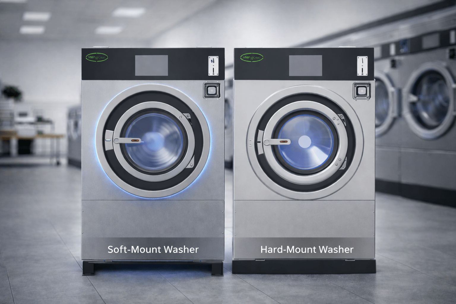 front facing soft mount and hard mount washer in laundry mat