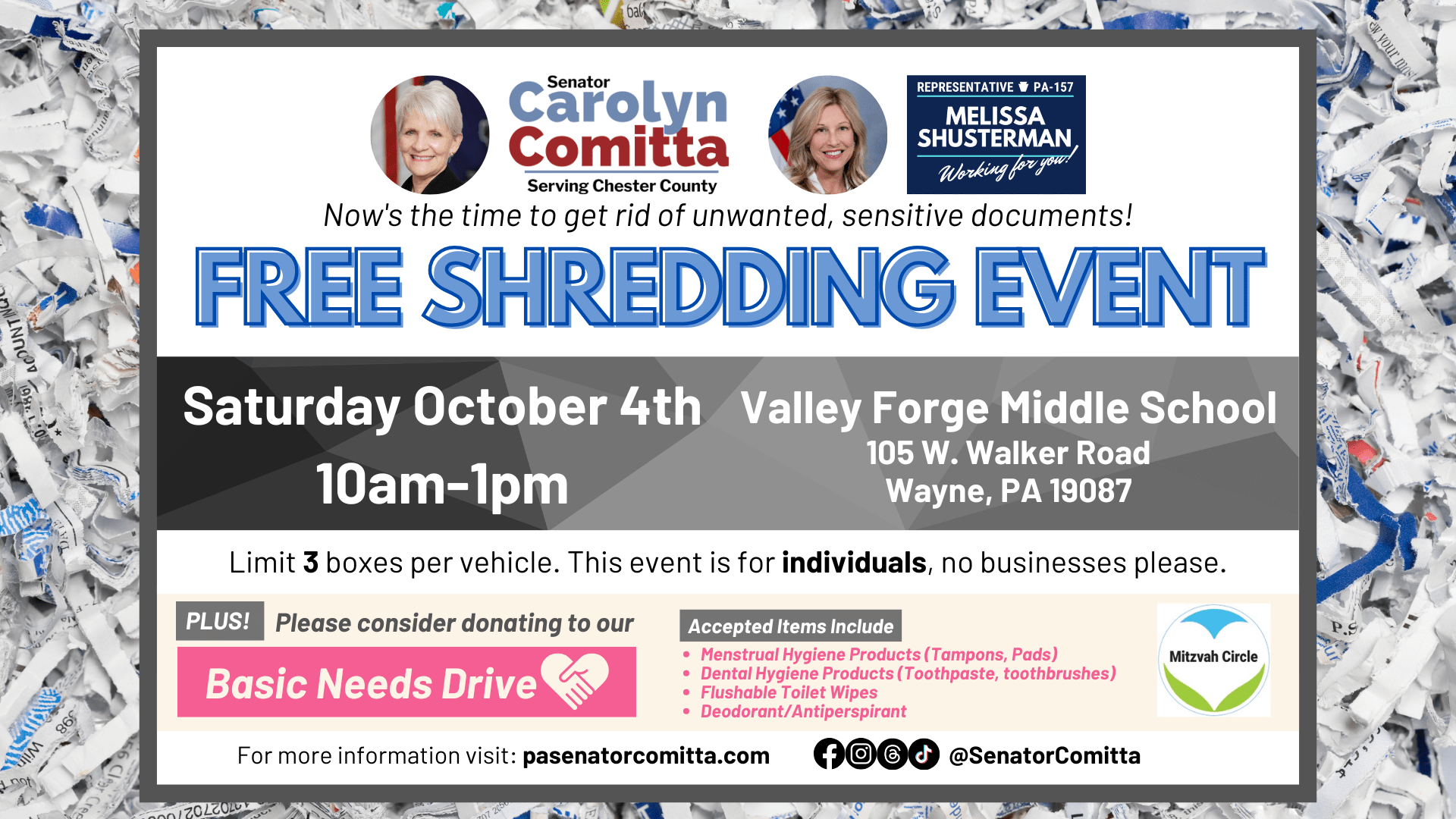 Free Fall Shedding Event, Collection for Mitzvah Circle with Senator Comitta and Melissa Shusterman @ Valley Forge Middle School