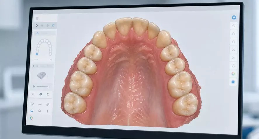 Digital impressions 3D model of an upper dental arch displayed on a monitor in a clinic setting