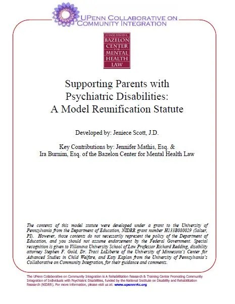 Screenshot of a document titled "Supporting Parents with Psychiatric Disabilities: A Model Reunification Statute"