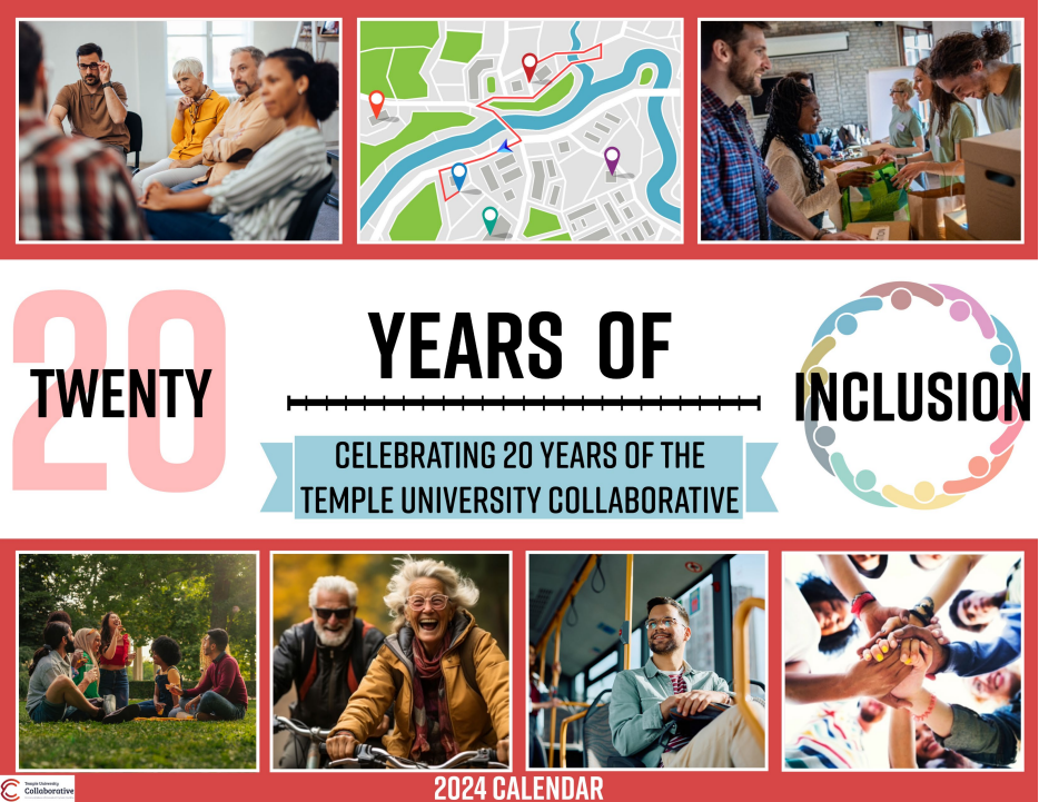Screenshot of a document titled "2024 Calendar: 20 Years of Inclusion - Celebrating 20 Years of the Temple University Collaborative"