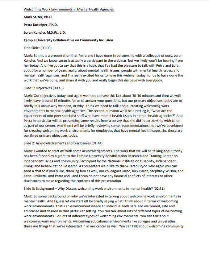 Screenshot of a document titled "Welcoming Work Environments"