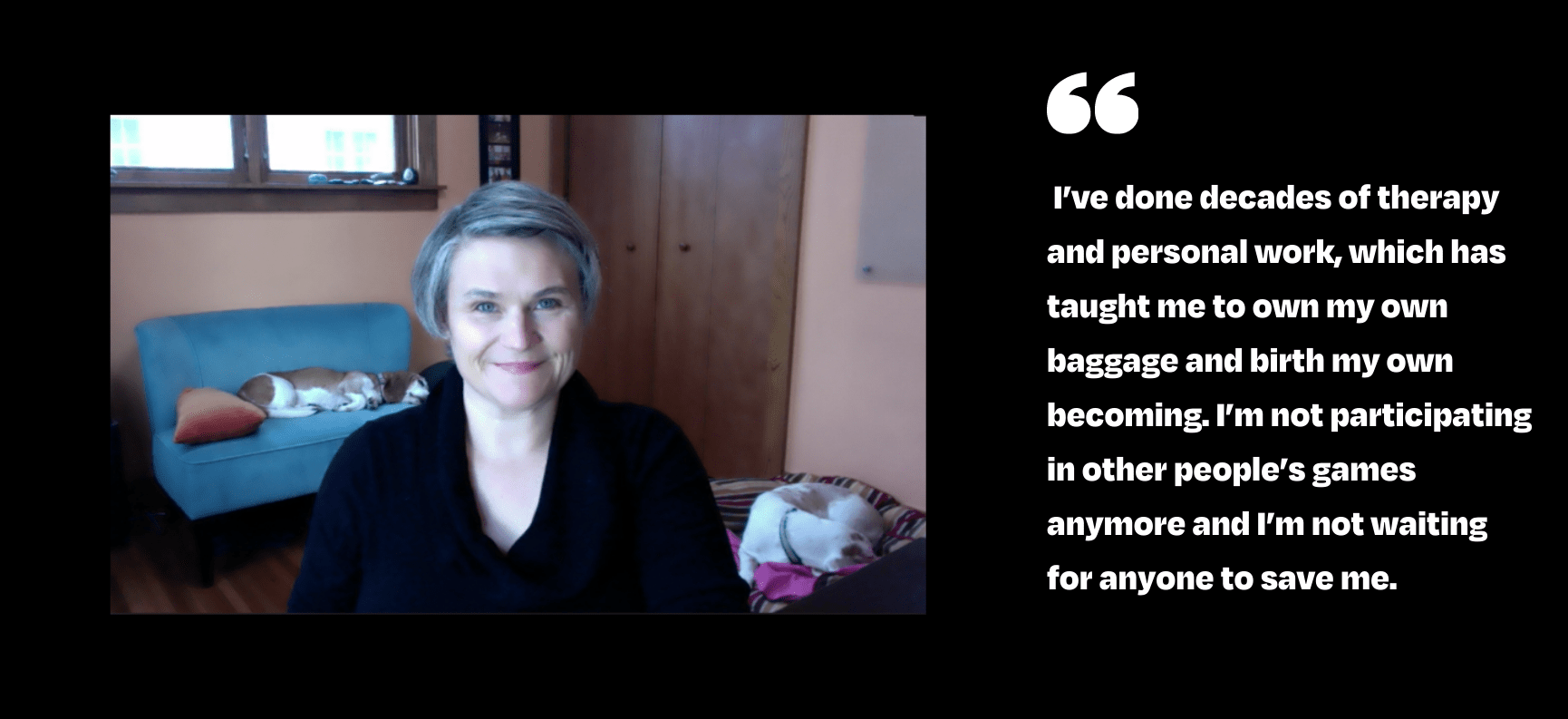 Jen Kane photo and quote: "I’ve done decades of therapy and personal work, which has taught me to own my own baggage and birth my own becoming. I’m not participating in other people’s games anymore and I’m not waiting for anyone to save me."