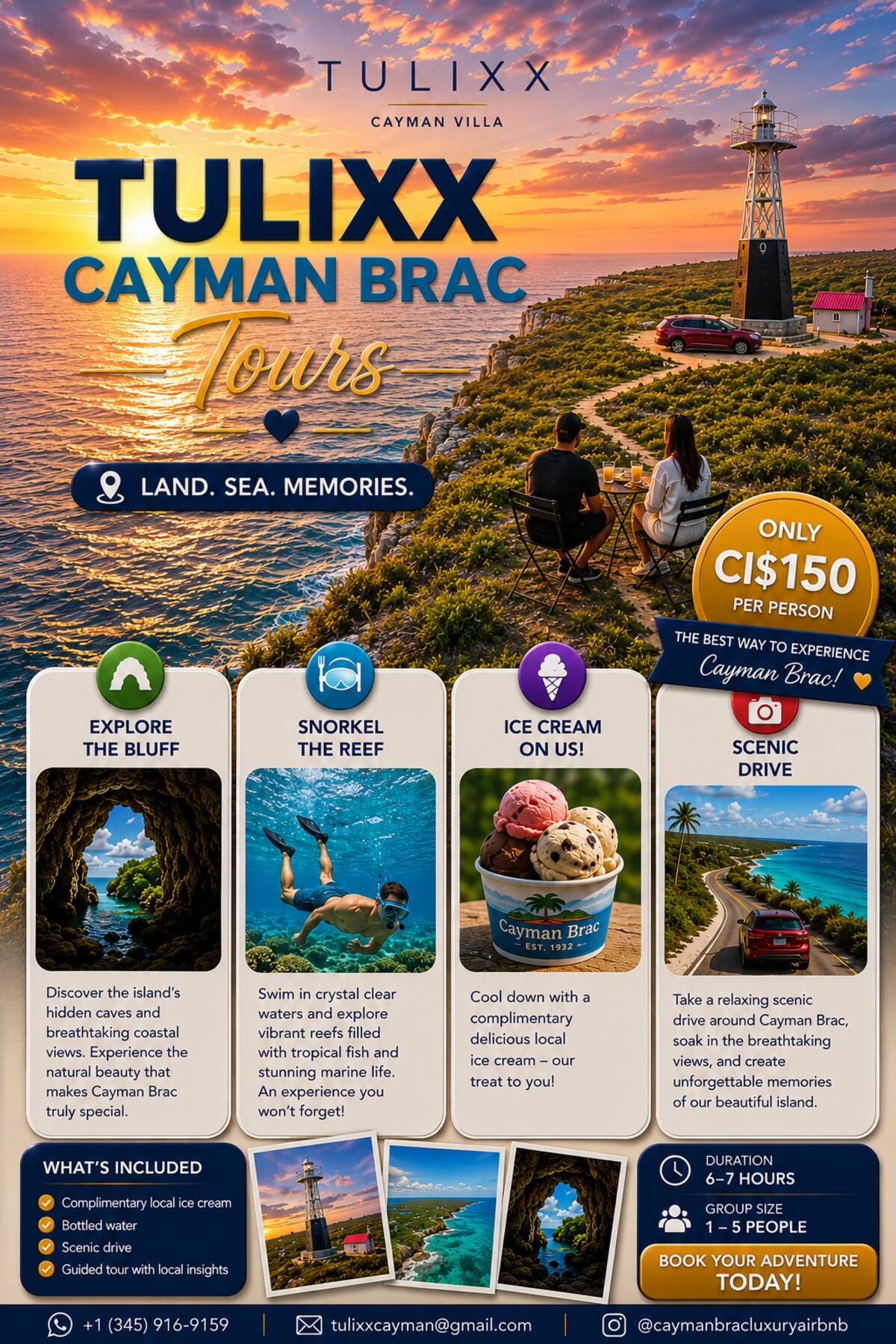 Tulixx Cayman Brac Tours promotional flyer featuring a Cayman Brac lighthouse sunset, sea caves, reef snorkeling, complimentary ice cream, scenic island drive, and guided island adventure.