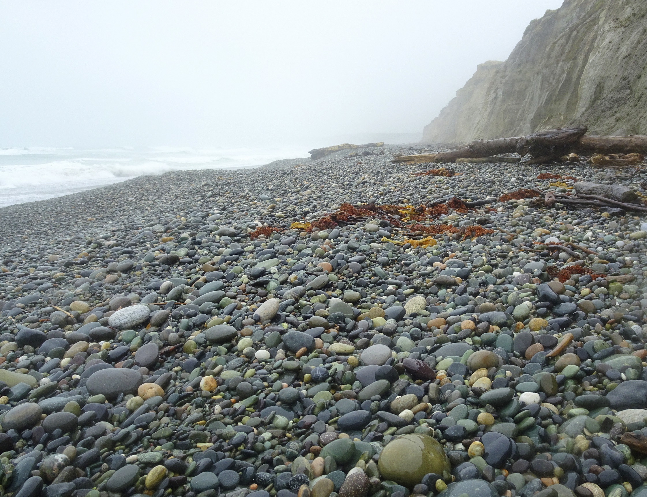 The rain made every stone on the surface wet across all of the beach.