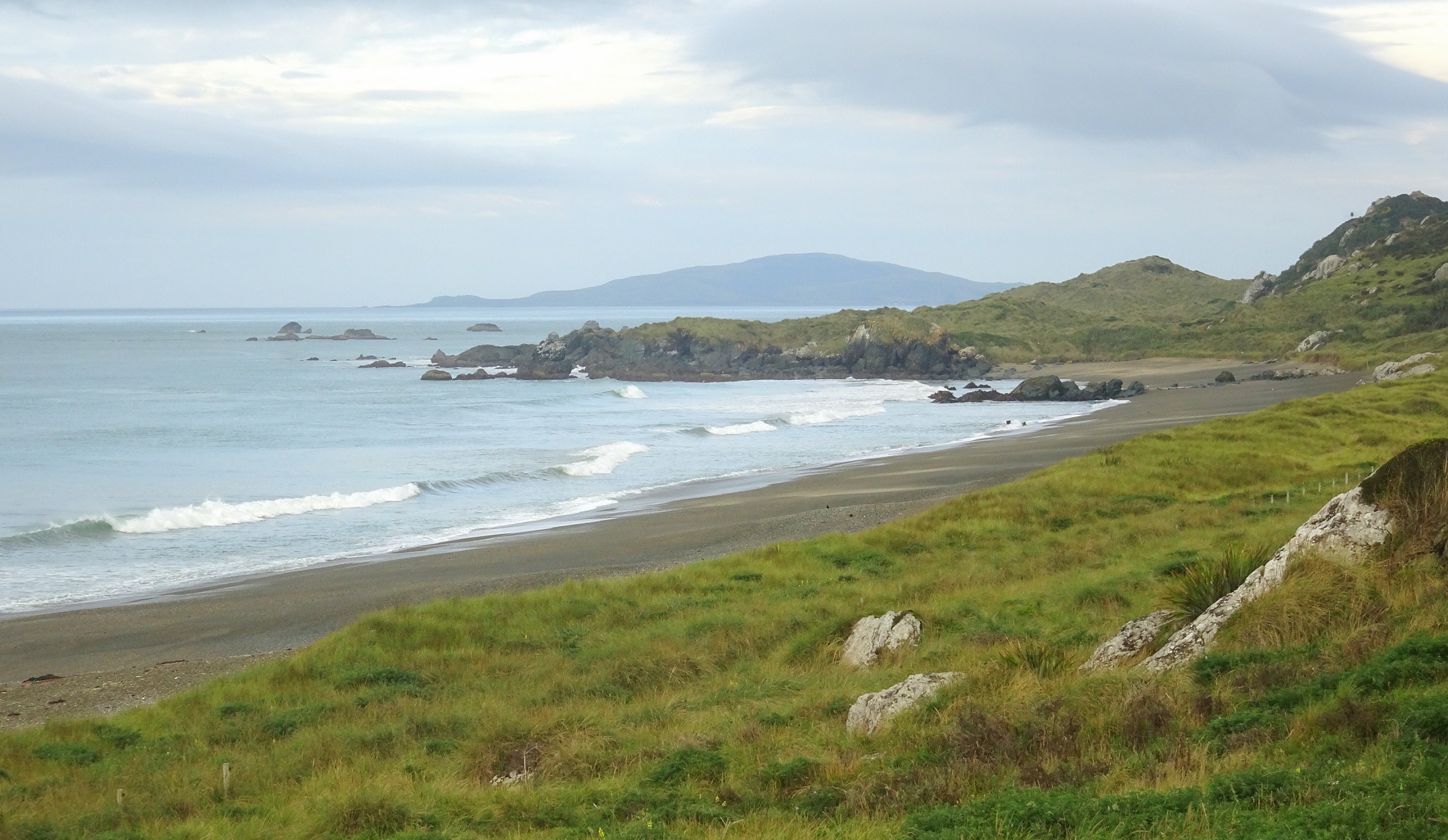 The western half of the Beach Past the Back Beach. Tihaka Beach and Colac Bay are a few kilometres further on. Most of this morning's fossicking was behind me, to the east, amongst the rocks there.