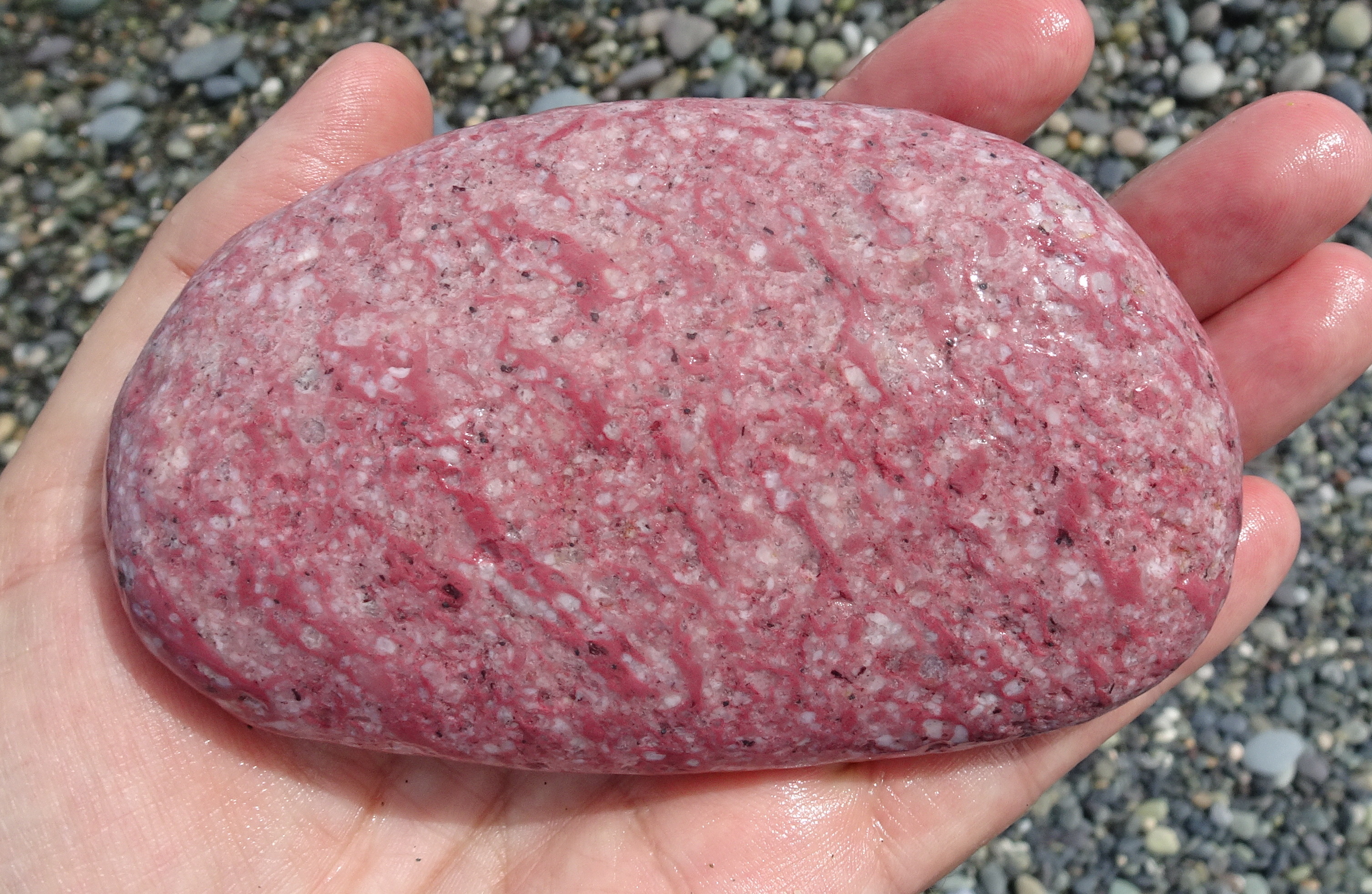 The previous stone, but wet. Very pink. Thulite, with the pink caused by the presence of manganese.