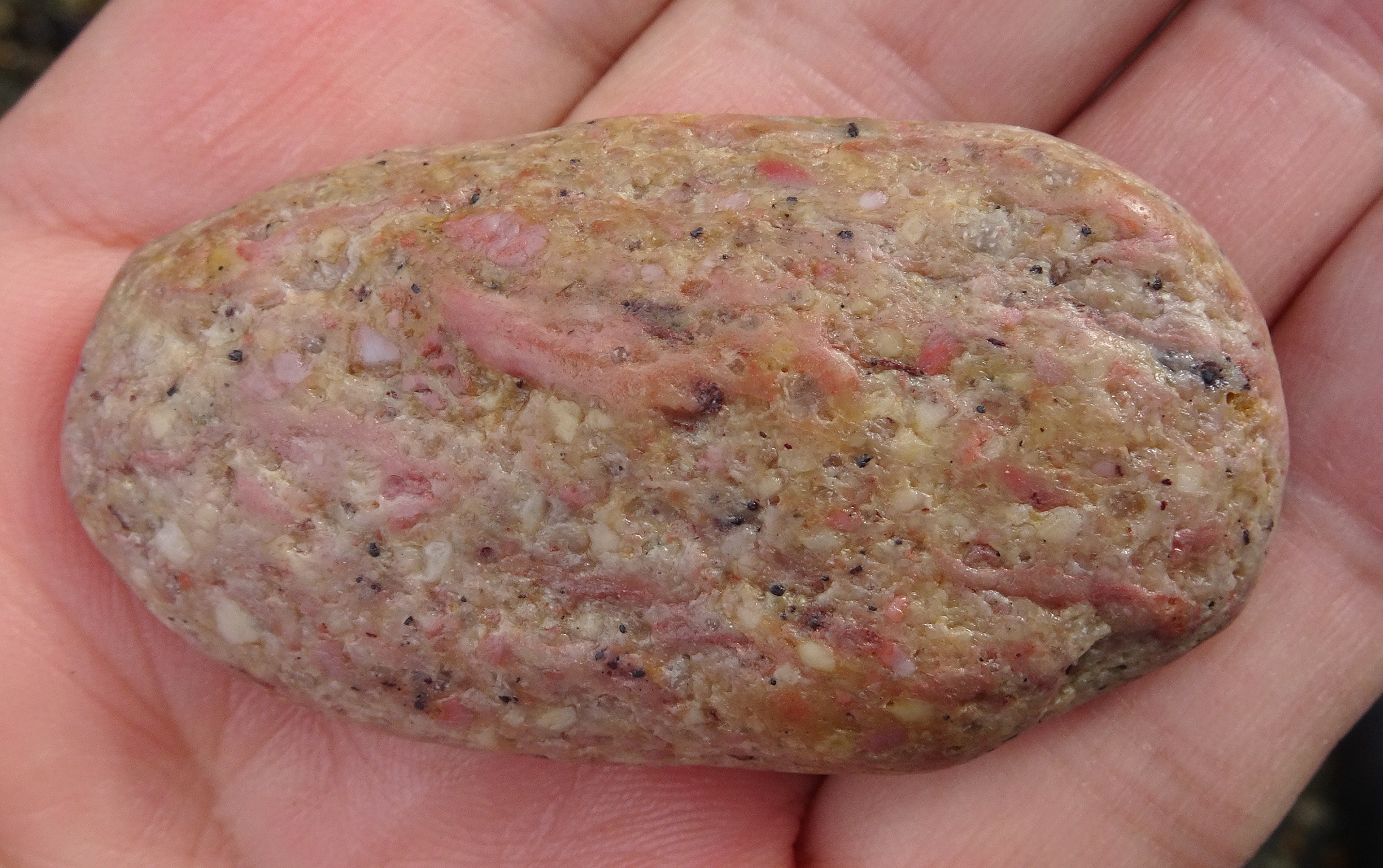 A thulite stone but not as pink as the ones I have found on Gemstone Beach and at McCracken's Rest. The pink is due to manganese.