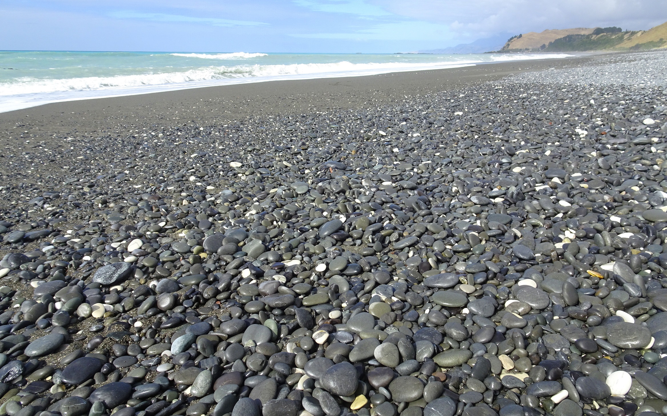 The stones on the beach. The white limestone(?) stones stand out.
