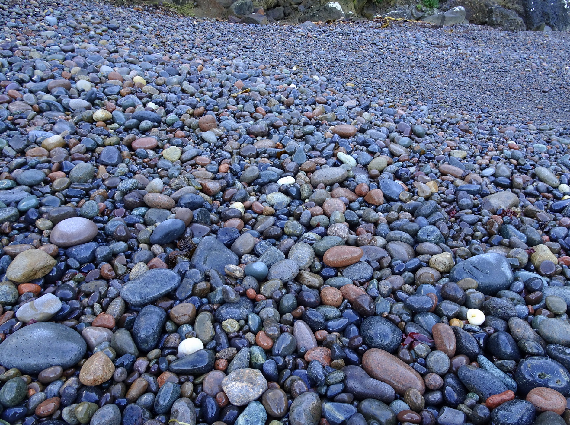 The stones on a shaded Slope Point beach.