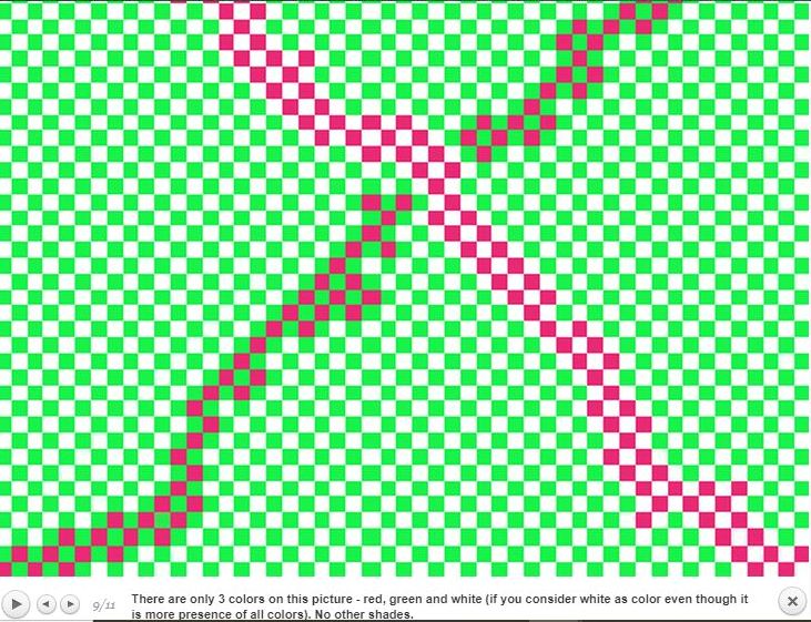 The red (purple?) looks different depending on whether it is surrounded with green or white. Source: http://brainden.com/color-illusions.htm
