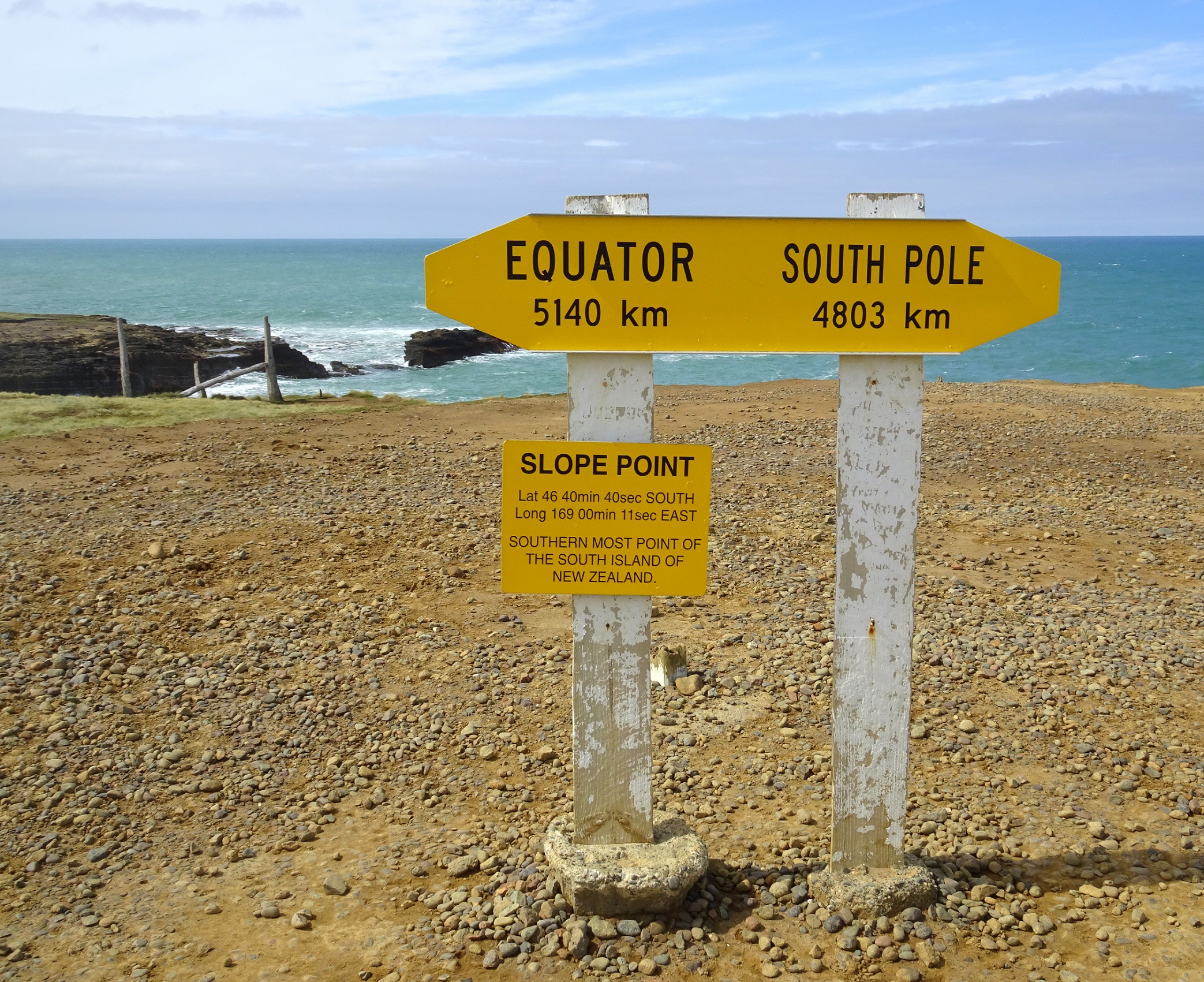 The sign at the top of the cliffs at Slope Point.