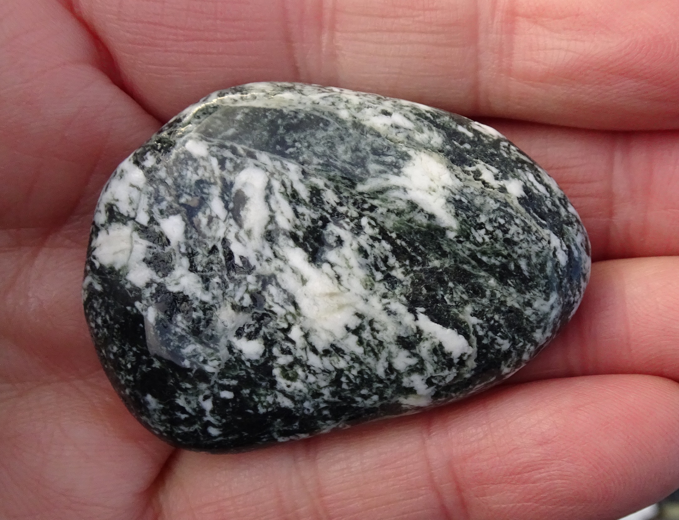I find black and white stones very attractive - they also show up well on a beach in gloomy conditions!