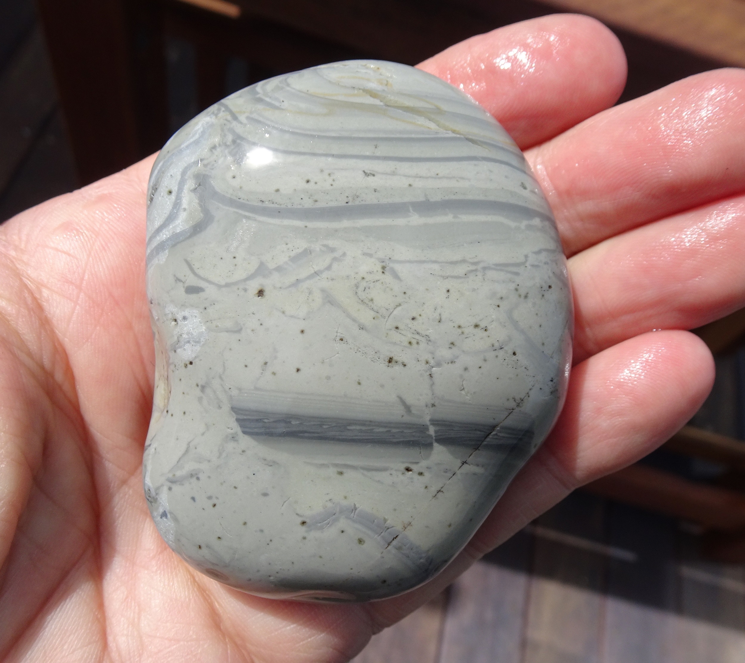 Unknown stone, could be a light coloured argillite. Seems to contain some trace fossils. Lots of interesting lines and patterns.