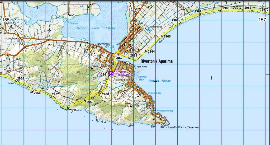 The Te Araroa Trail (yellow) from the coast to Riverton Aparima. Source: Map 156 in www.teararoa.org.nz/wp-content/uploads/2024/04/ta_v42_Southland.pdf