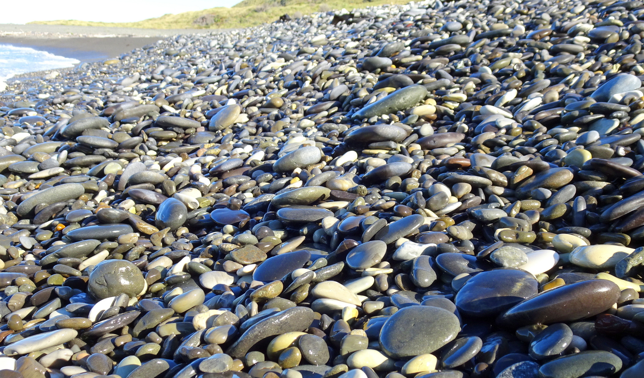 Ward Beach stones, wet from the waves.