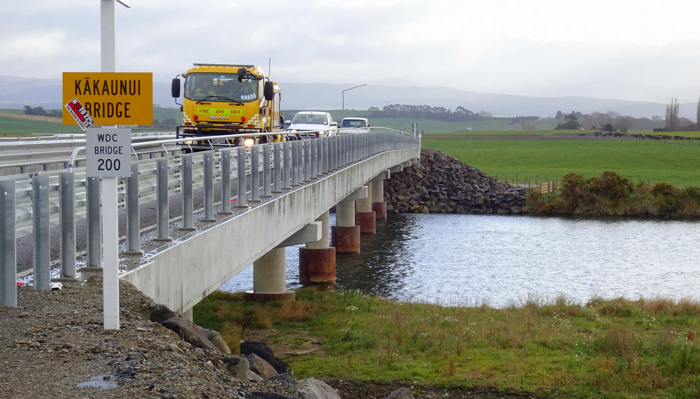 Local fire truck crossing the new Kakanui bridge.