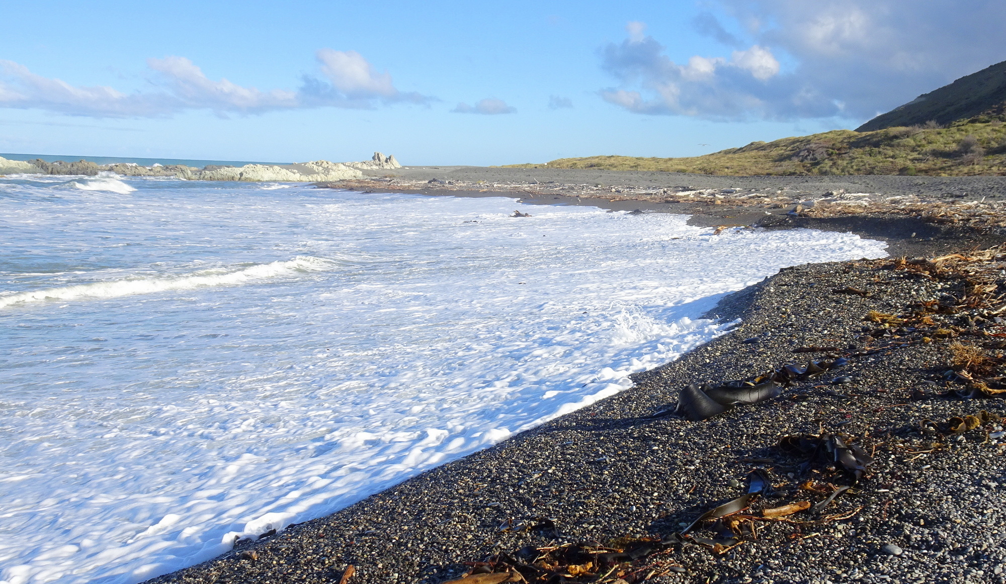 A wave sweeping up the beach.