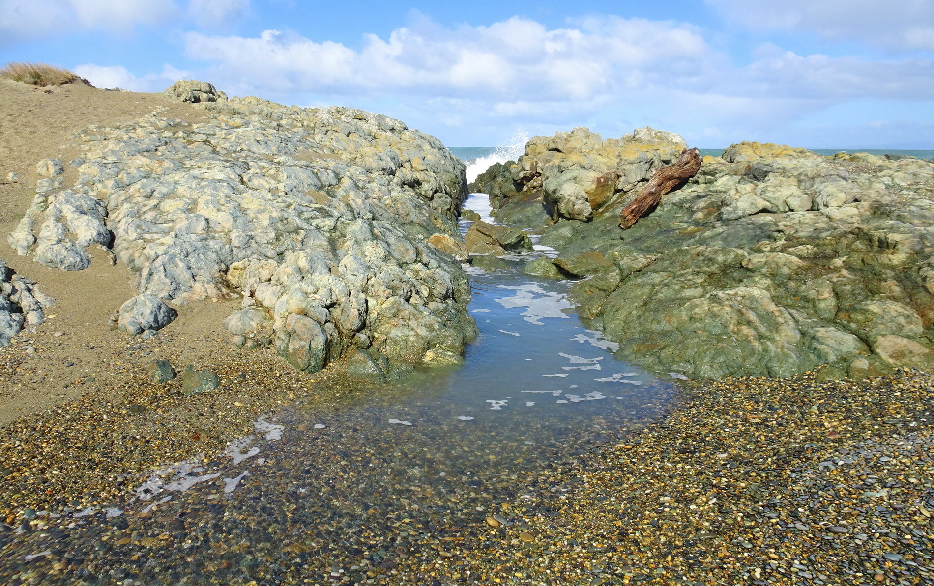 The waves came in here and moved around behind the rock...