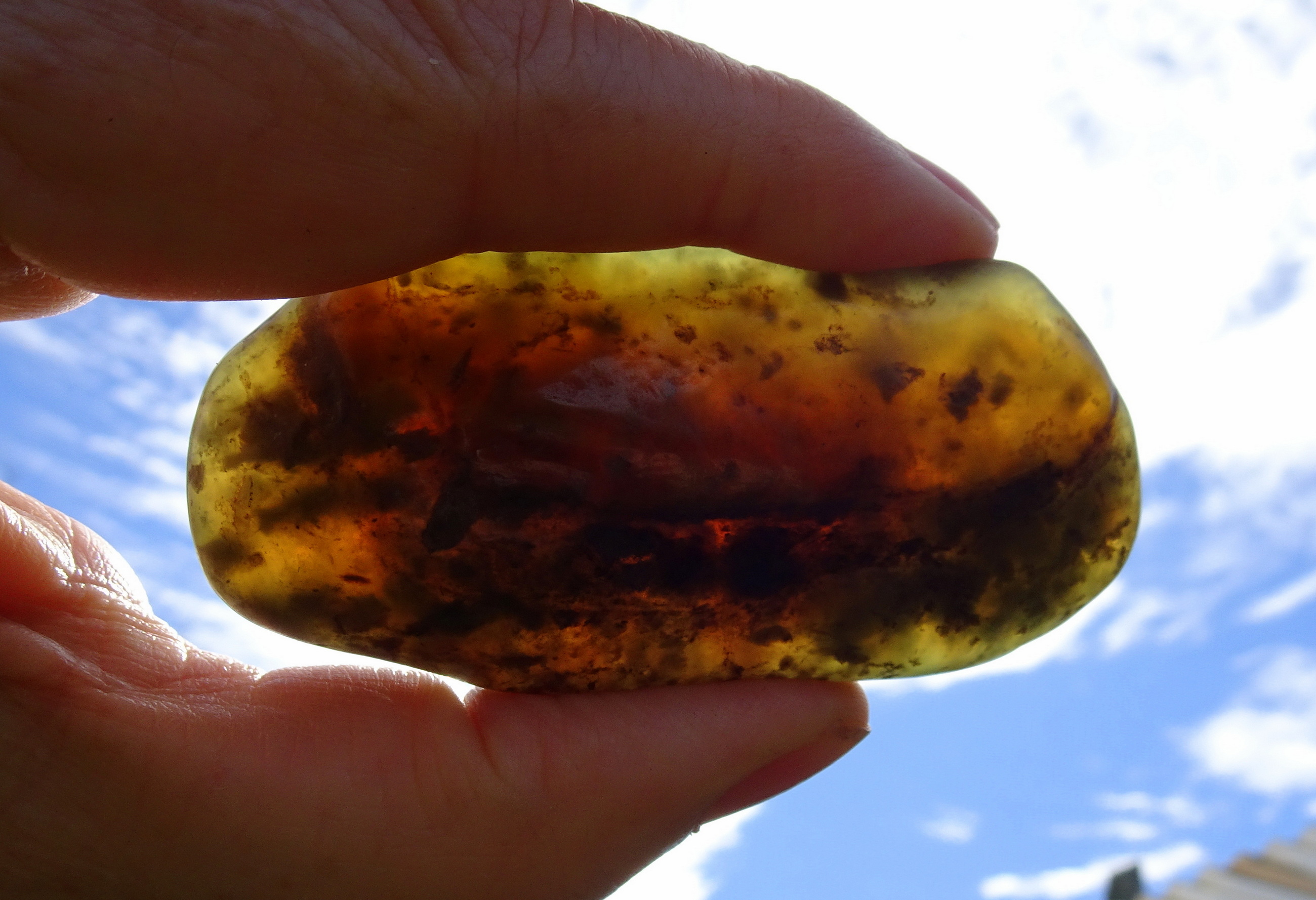 Stone E, Possible vesuvianite (idocrase), held up to sunlight.