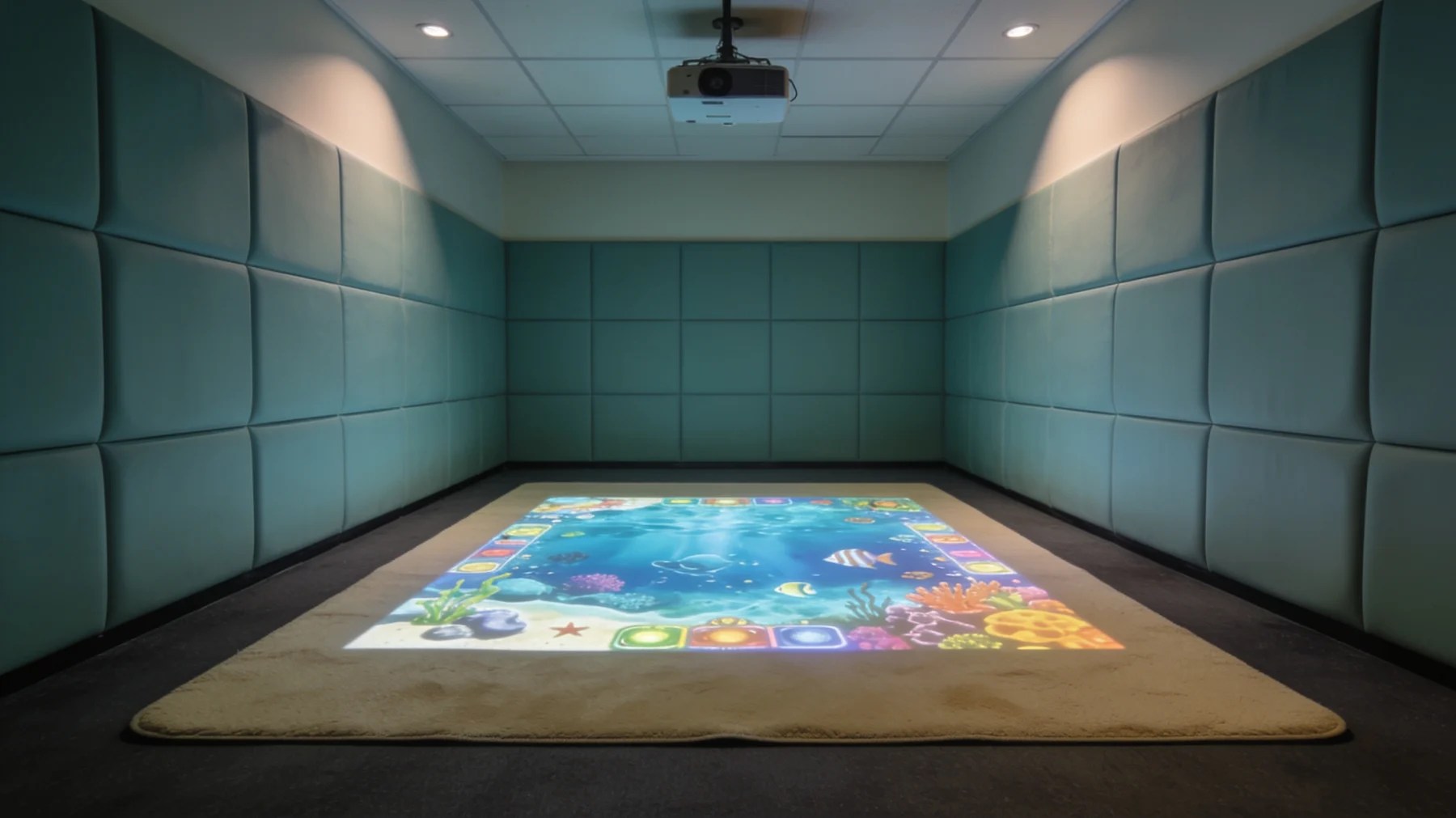 A dim indoor play café corner with a colorful interactive ocean game projected onto a matte sand-colored floor mat, a ceiling-mounted projector visible above, soft sage padded wall
