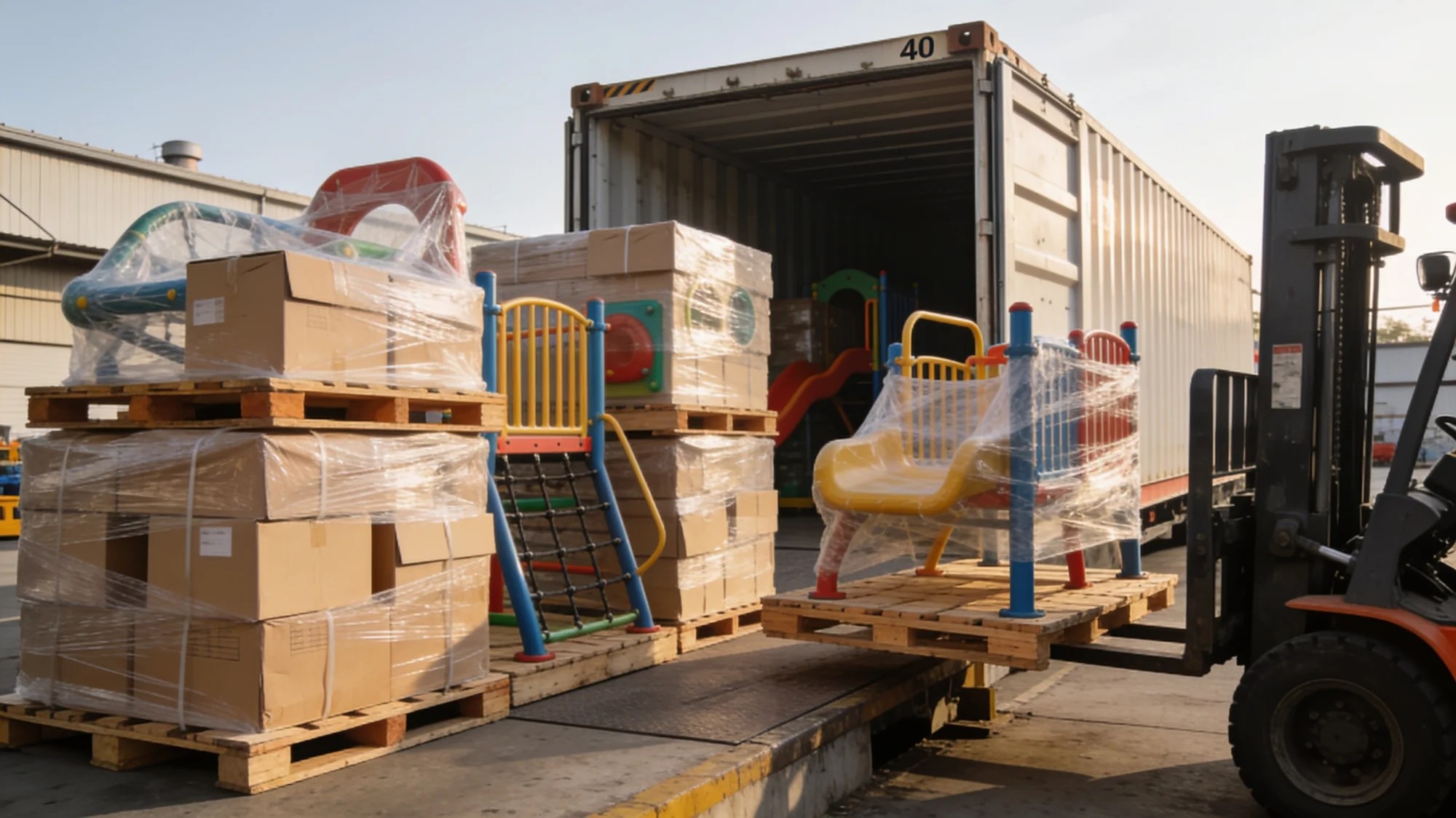 Packed playground parts loaded into a shipping container