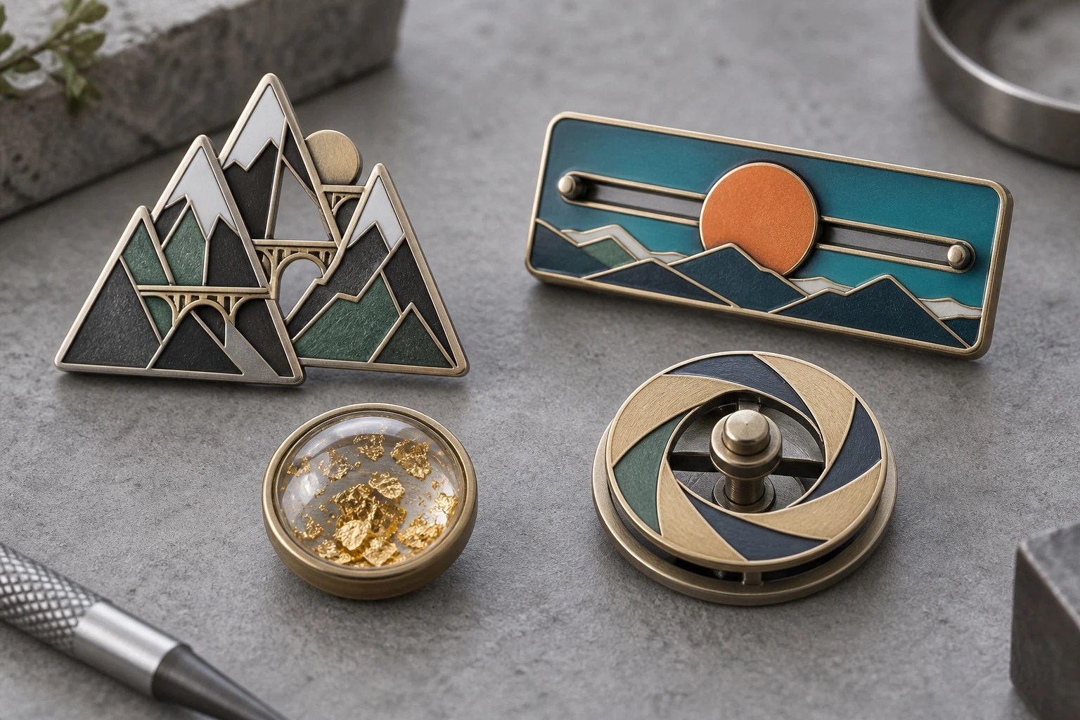 Industrial reference image of interactive metal badge structures such as sliders and spinners