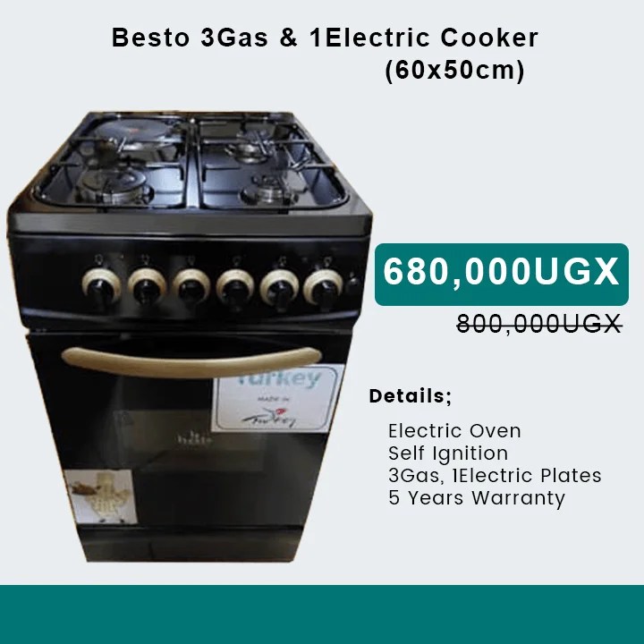 Besto 3 Gas & 1 Electric Burner Cooker ( 60by50cm ) – Black