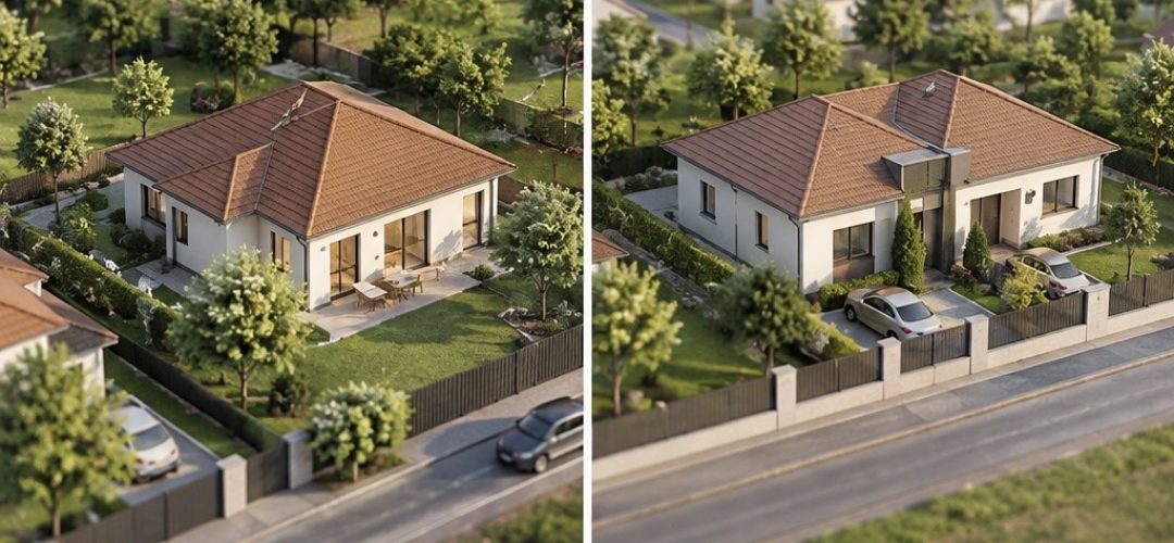 Casă modernă parter cu acoperiș roșu și curte