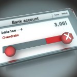A digital representation of a bank account interface on a screen showing a negative balance, indicating an overdraft situation. The interface includes a red "X" button and displays the balance as "-£3,061", emphasising an overdrawn status with a red colour scheme for urgency.